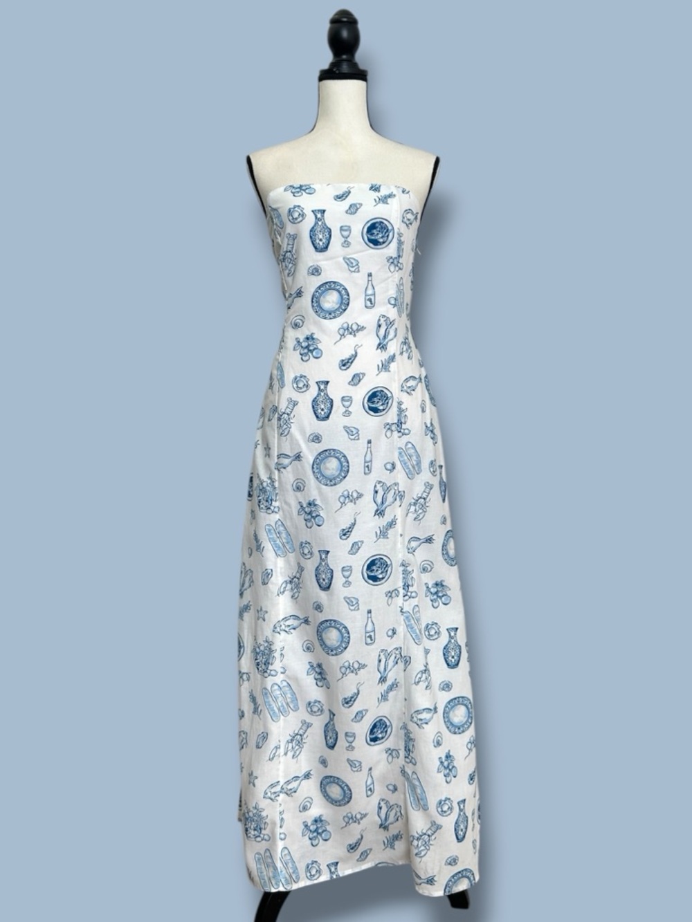 JAPNA XL White Strapless A-Line Maxi Dress BLUE COASTAL MEDITERRANEAN PRINTS